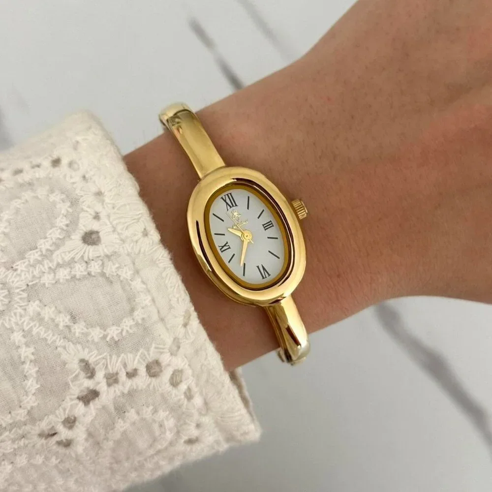 American Vintage Gold Bangle Oval Watch with White Dial